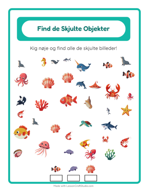 Forhåndsvisning af Find Genstandene-arbejdsark med Havliv til Børnehaveklasse