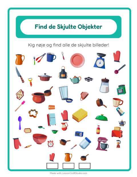 Forhåndsvisning af Find tingene: køkkenredskaber – opgave til børnehaveklassen