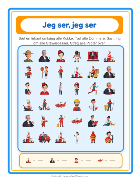 Forhåndsvisning af Find Og Tæl-arbejdsark med Erhverv til Børnehave