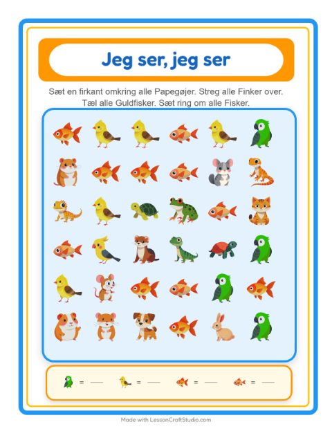 Forhåndsvisning af Find Og Tæl-arbejdsark med Kæledyr til Børnehave