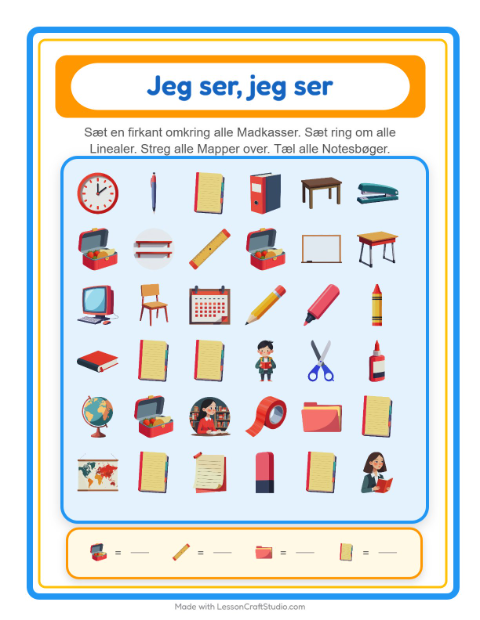 Forhåndsvisning af Find Og Tæl-arbejdsark med Klasseværelse til Børnehave