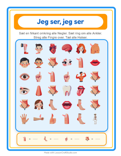 Forhåndsvisning af Find Og Tæl-arbejdsark med Kropsdele til Børnehave