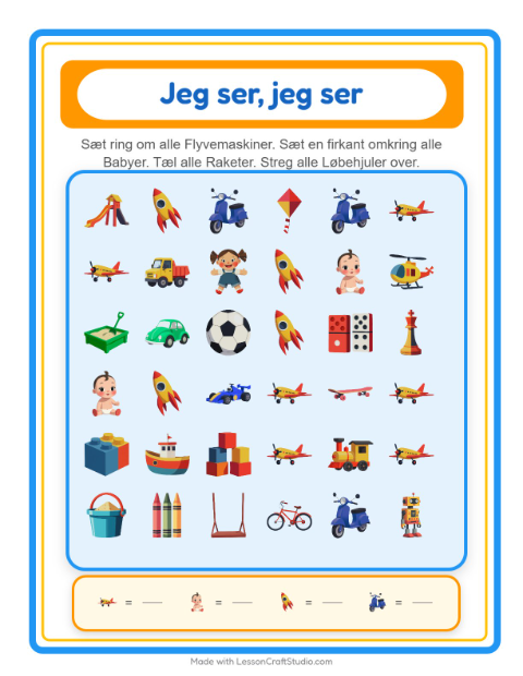 Forhåndsvisning af Find Og Tæl-arbejdsark med Legetøj til Børnehave