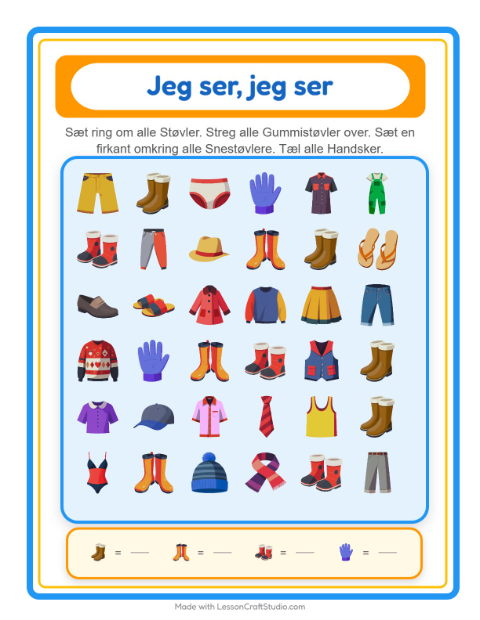 Forhåndsvisning af Find og tæl: tøjstykker – opgave til børnehaveklassen