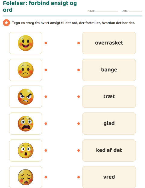 Følelser – forbind ansigt og ord – børnehaveklasse