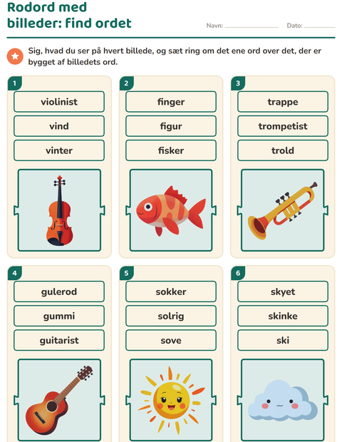 Rodord med billeder – find ordet, der er bygget af billedets ord – 1. klasse