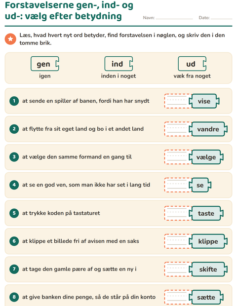 Forhåndsvisning af Forstavelser, endelser og rodord-arbejdsark til 2. klasse