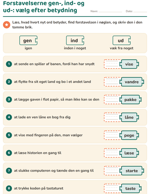 Forhåndsvisning af Forstavelser, endelser og rodord-arbejdsark til 2. klasse
