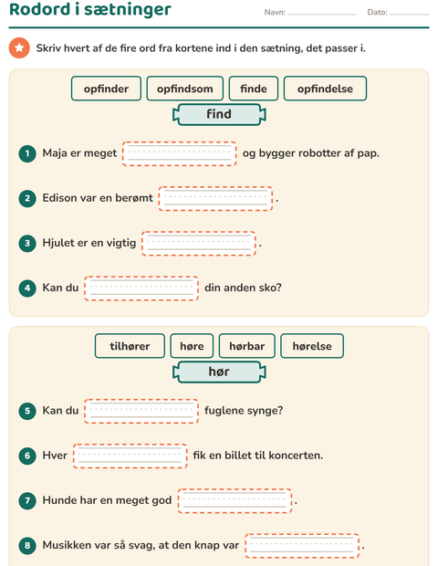 Forhåndsvisning af Forstavelser, endelser og rodord-arbejdsark til 3. klasse