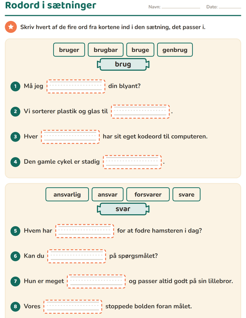 Forhåndsvisning af Forstavelser, endelser og rodord-arbejdsark til 3. klasse