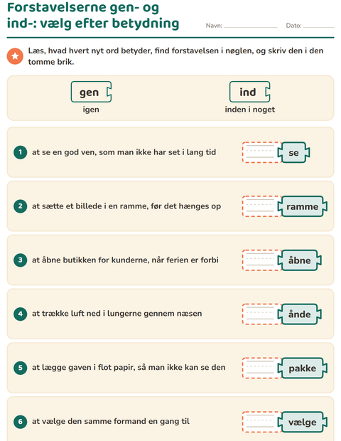 Forhåndsvisning af Forstavelser, endelser og rodord-arbejdsark til 2. klasse