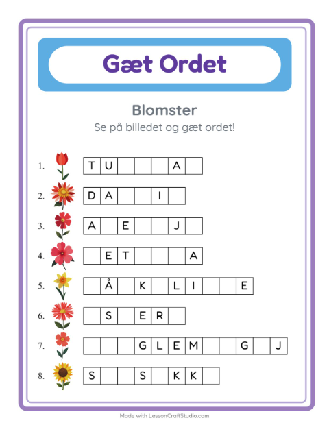 Forhåndsvisning af Manglende bogstaver: korte ord med blomster – opgave til 1. klasse
