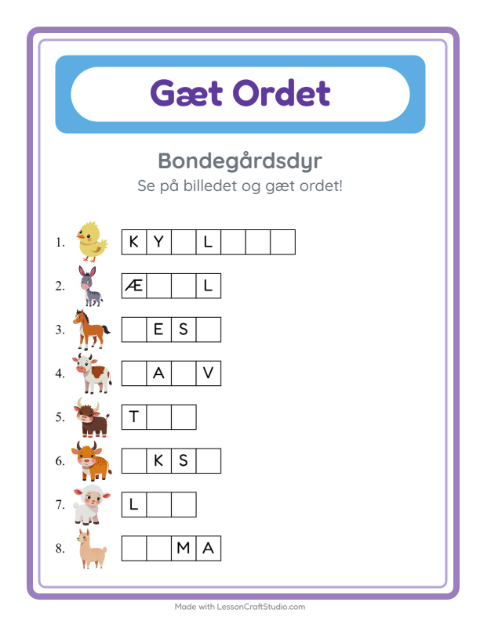 Manglende bogstaver – Bondegårdsdyr