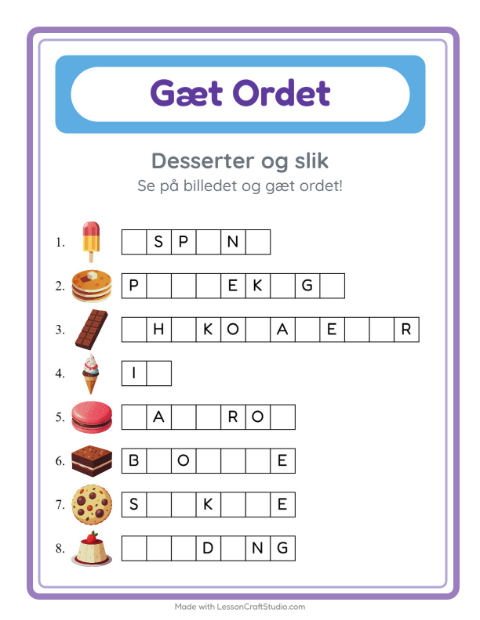 Manglende bogstaver – Desserter og slik