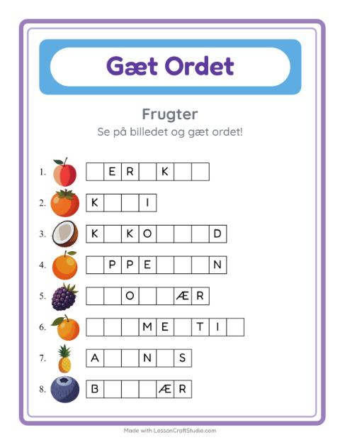 Forhåndsvisning af Manglende bogstaver: korte ord med frugter – opgave til 1. klasse