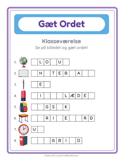 Forhåndsvisning af Gæt Ordet-arbejdsark med Klasseværelse til Børnehaveklasse