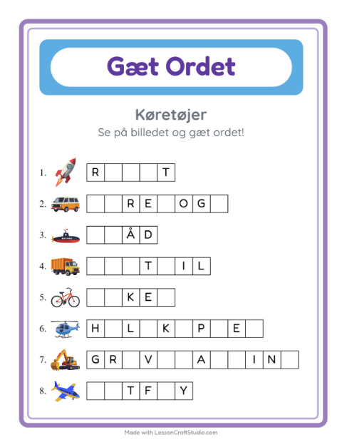 Forhåndsvisning af Manglende bogstaver: korte ord med køretøjer – opgave til 1. klasse