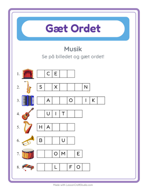 Forhåndsvisning af Gæt Ordet-arbejdsark med Musik til Børnehaveklasse