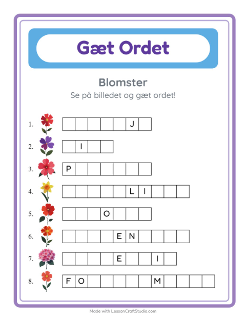 Forhåndsvisning af Gæt Ordet-arbejdsark med Blomster til Børnehaveklasse