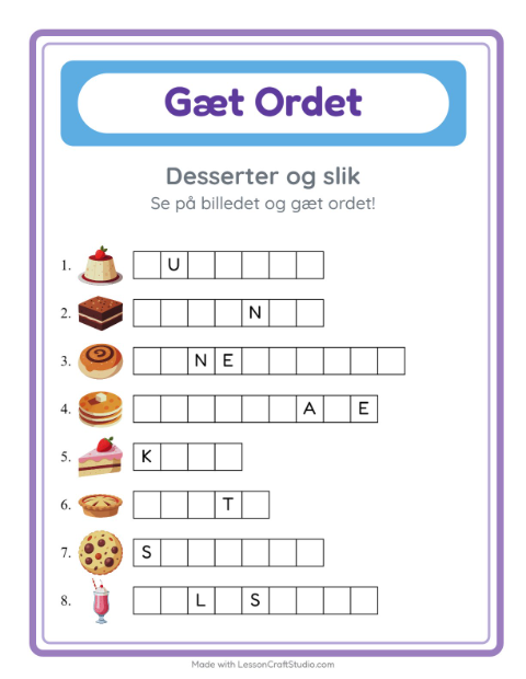 Forhåndsvisning af Gæt Ordet-arbejdsark med Desserter og slik til Børnehaveklasse