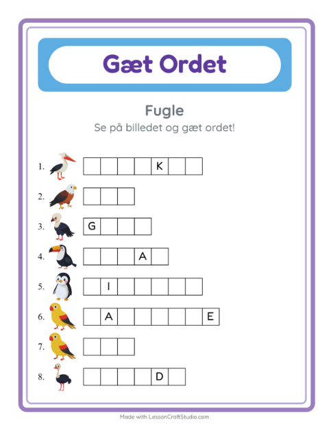Forhåndsvisning af Gæt Ordet-arbejdsark med Fugle til Børnehaveklasse