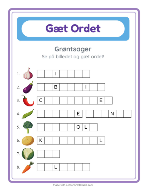 Forhåndsvisning af Gæt Ordet-arbejdsark med Grøntsager til Børnehaveklasse