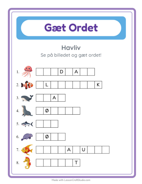 Forhåndsvisning af Gæt Ordet-arbejdsark med Havliv til Børnehaveklasse