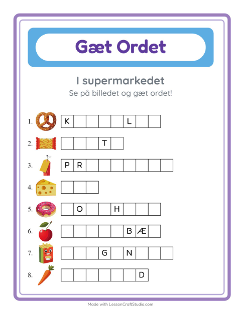 Forhåndsvisning af Gæt Ordet-arbejdsark med I supermarkedet til Børnehaveklasse