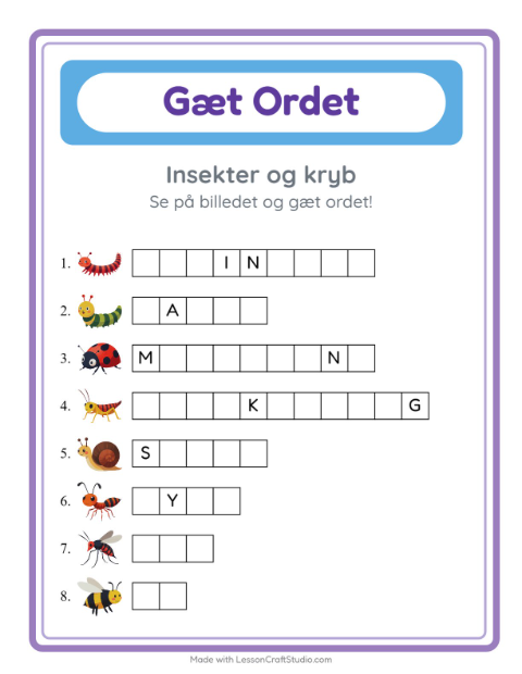 Forhåndsvisning af Gæt Ordet-arbejdsark med Insekter og kryb til Børnehaveklasse