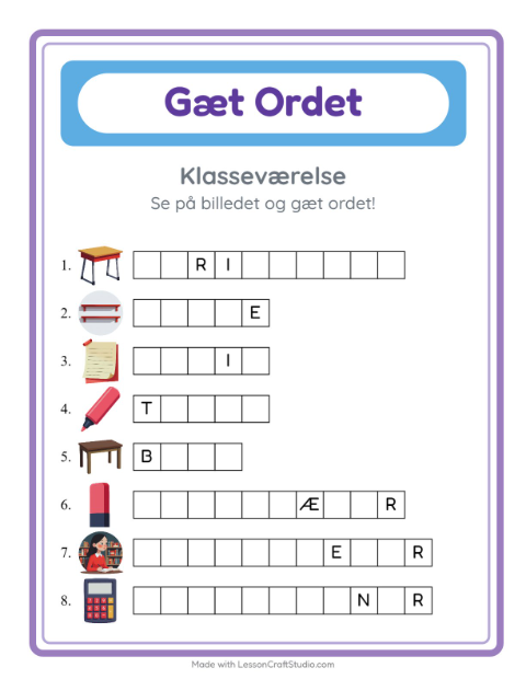 Forhåndsvisning af Gæt Ordet-arbejdsark med Klasseværelse til Børnehaveklasse