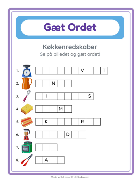 Forhåndsvisning af Gæt Ordet-arbejdsark med Køkkenredskaber til Børnehaveklasse