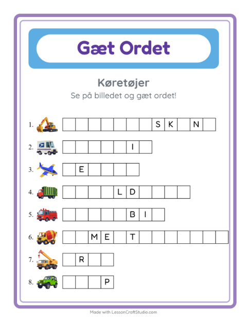 Forhåndsvisning af Gæt Ordet-arbejdsark med Køretøjer til Børnehaveklasse
