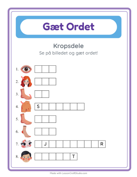 Forhåndsvisning af Gæt Ordet-arbejdsark med Kropsdele til Børnehaveklasse