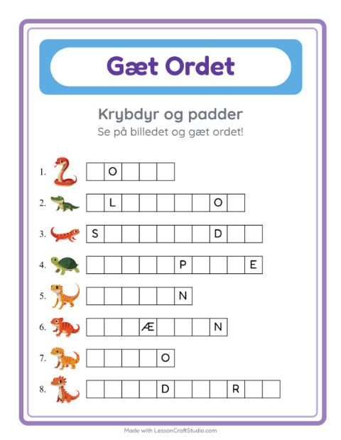 Forhåndsvisning af Gæt Ordet-arbejdsark med Krybdyr og padder til Børnehaveklasse