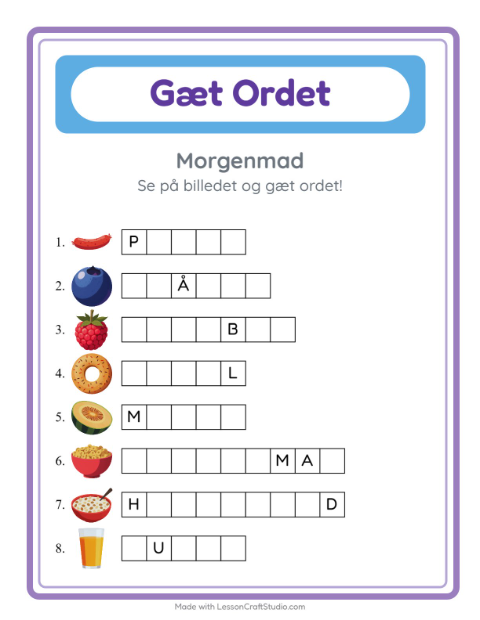 Forhåndsvisning af Gæt Ordet-arbejdsark med Morgenmad til Børnehaveklasse