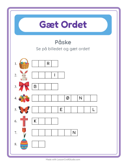 Forhåndsvisning af Gæt Ordet-arbejdsark med Påske til Børnehaveklasse