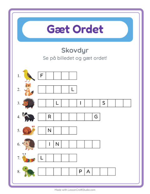Forhåndsvisning af Gæt Ordet-arbejdsark med Skovdyr til Børnehaveklasse