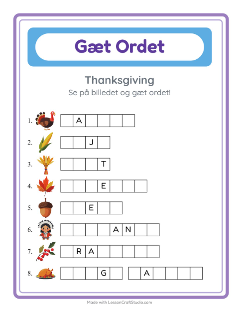 Forhåndsvisning af Gæt Ordet-arbejdsark med Thanksgiving til Børnehaveklasse