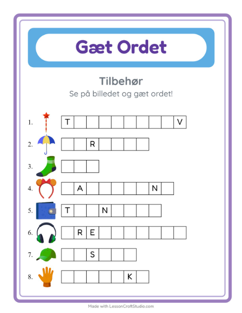 Forhåndsvisning af Gæt Ordet-arbejdsark med Tilbehør til Børnehaveklasse