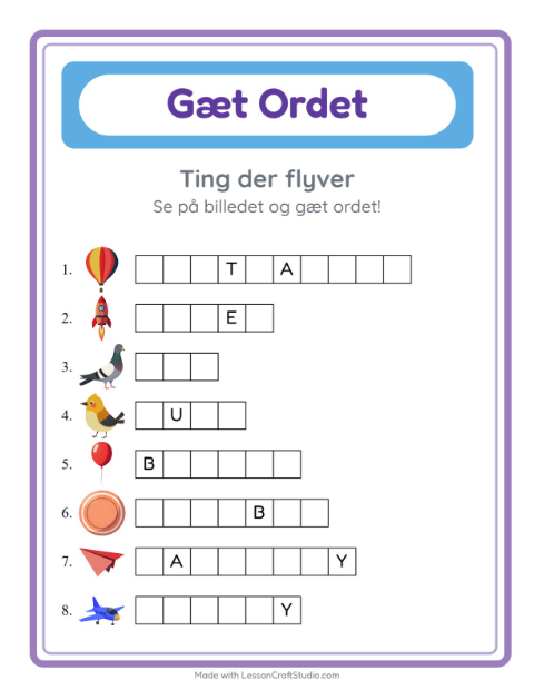 Forhåndsvisning af Gæt Ordet-arbejdsark med Ting der flyver til Børnehaveklasse