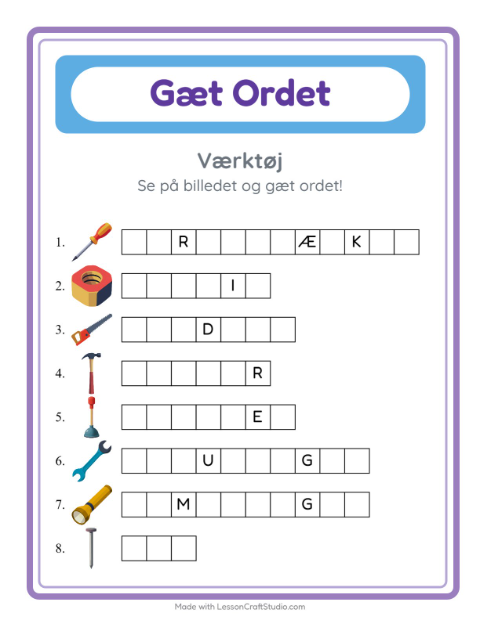 Forhåndsvisning af Gæt Ordet-arbejdsark med Værktøj til Børnehaveklasse