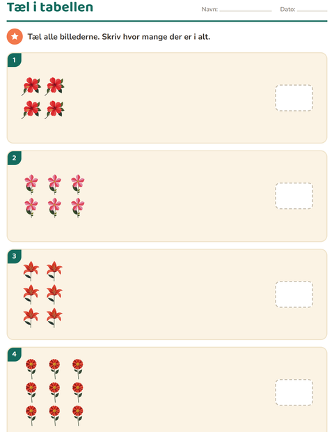 Forhåndsvisning af Gange og rækker-arbejdsark med Blomster til Børnehaveklasse