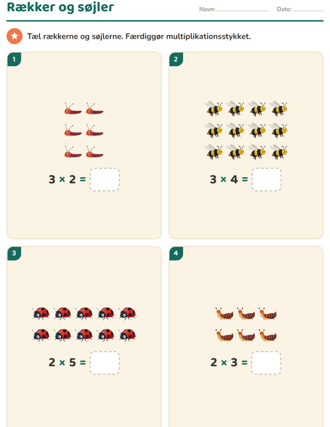 Forhåndsvisning af Gange og rækker-arbejdsark med Insekter og kryb til 2. klasse
