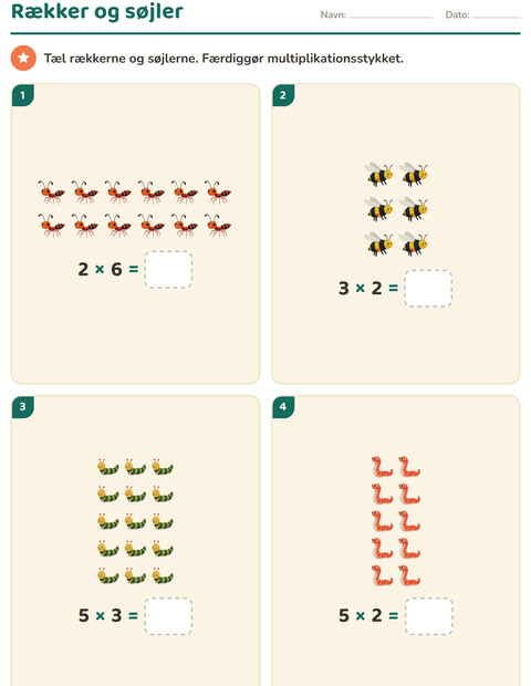 Forhåndsvisning af Gange og rækker-arbejdsark med Insekter og kryb til 2. klasse
