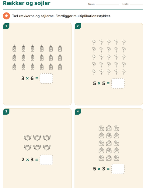Forhåndsvisning af Gange og rækker-arbejdsark med Valentinsdag SH til 2. klasse