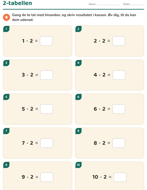 2-tabellen – gangestykker fra 1 · 2 til 10 · 2