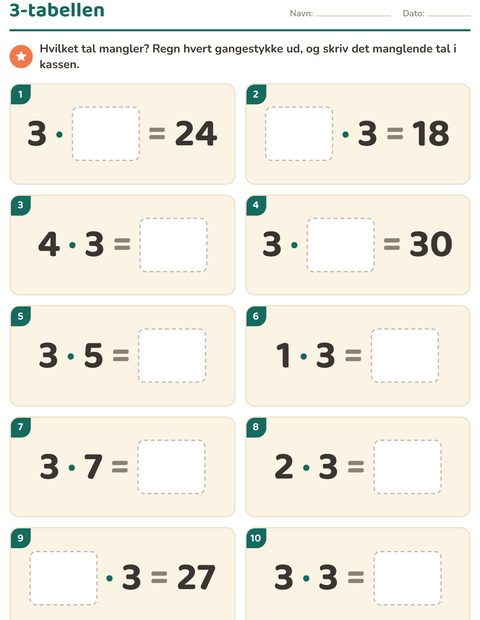 Forhåndsvisning af Gangetabeller-arbejdsark til 3. klasse