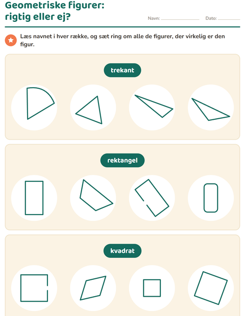 Genkende geometriske figurer – rigtig figur eller ej? – 1. klasse