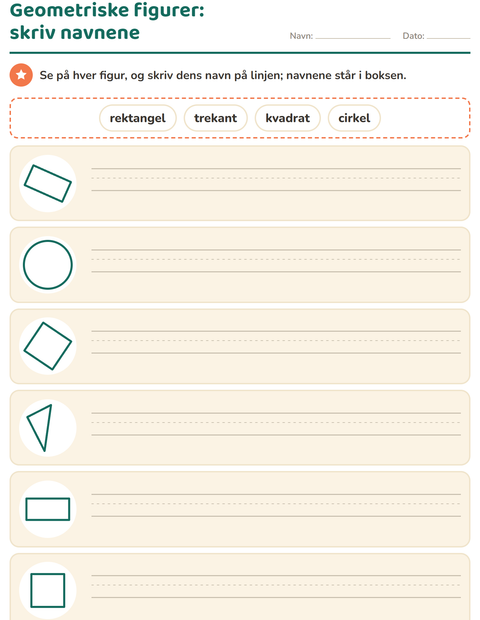 Geometriske figurer – skriv navnene på linjerne – 1. klasse
