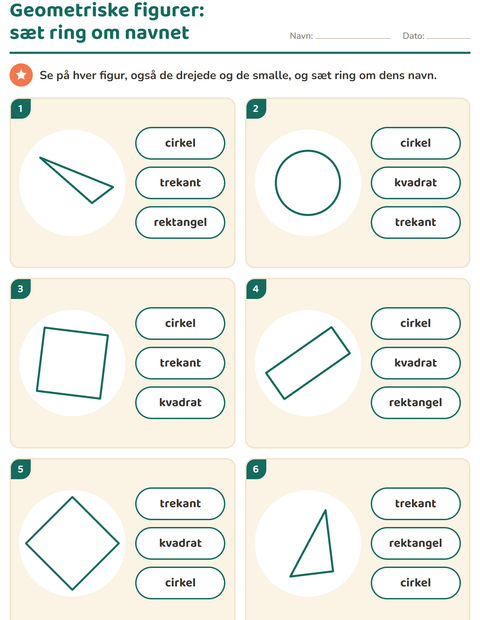 Geometriske figurer – sæt ring om navnet – børnehaveklasse